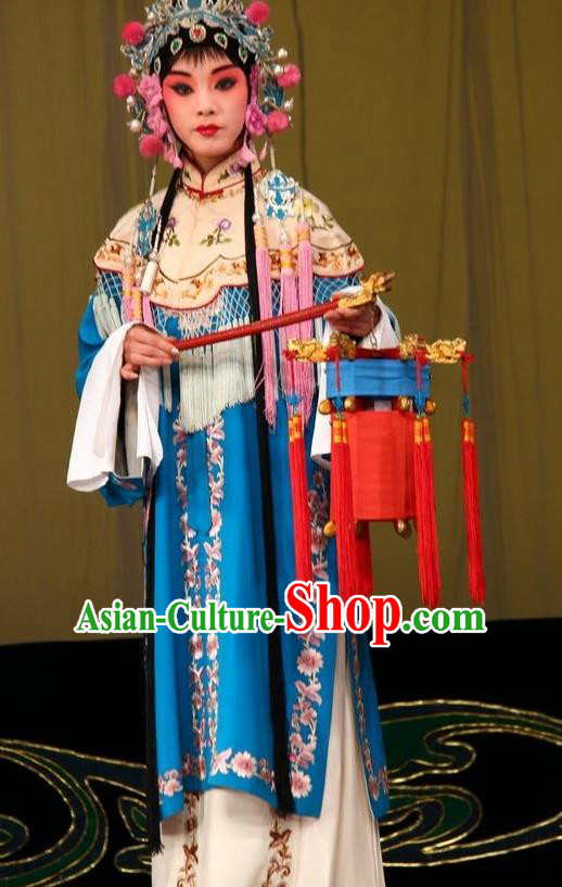 Chinese Traditional Peking Opera Court Maid Garment Costumes Watch Tower Wang Er Lou Apparels Hua Tan Blue Dress and Headpieces