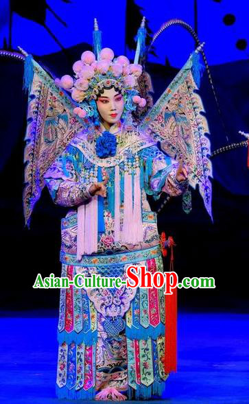 Chinese Traditional Yangmen Female General Peking Opera Blues Garment Costumes Apparels Mu Guiying Kao Armor Suit with Flags and Headwear