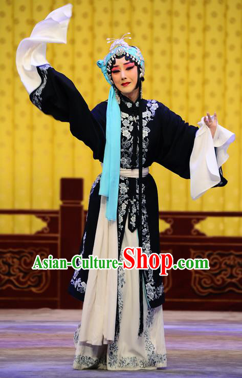 Chinese Traditional Peking Opera Tsing Yi Costumes Wujiapo Distress Women Wang Baochuan Apparels Garment and Headdress