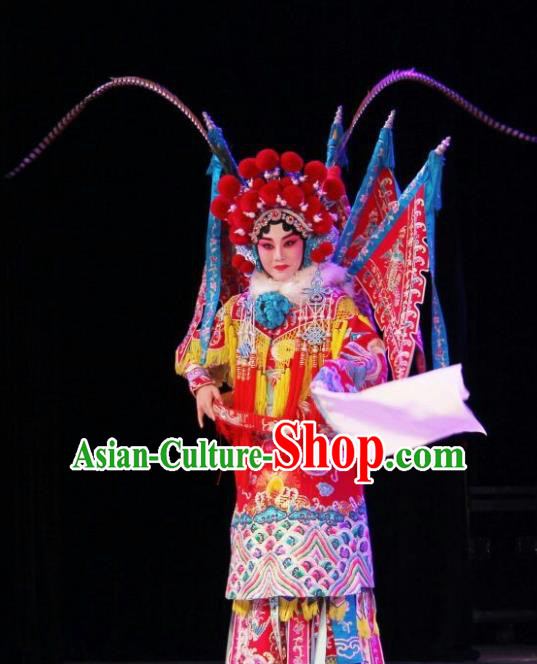 Chinese Traditional Peking Opera Blues Costumes Wujiapo Martial Female General Red Kao Armor Suit with Flags Apparels Garment and Headdress