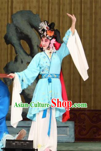 Traditional Chinese Peking Opera Xiao Dan Apparels Hong Niang Garment Matchmaker Actress Blue Dress Costumes and Headpieces