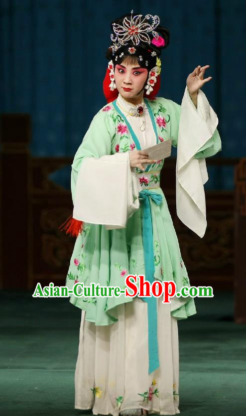 Chinese Traditional Peking Opera Apparels Costumes Matchmaker Garment Young Actress Hong Niang Green Dress and Headwear