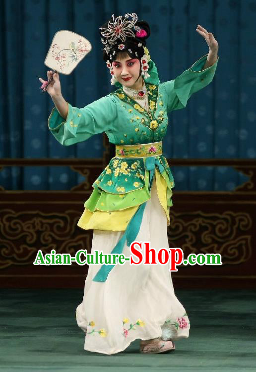 Traditional Chinese Peking Opera Matchmaker Apparels Costumes Garment Young Actress Hong Niang Green Dress and Headwear