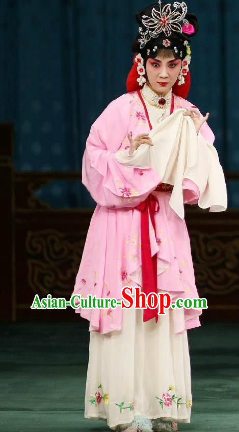 Traditional Chinese Peking Opera Young Actress Matchmaker Apparels Hong Niang Garment Pink Dress Costumes and Headpieces