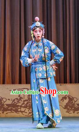 Traditional Chinese Peking Opera Xiao Dan Apparels Garment San Cha Kou Actress Young Lady Blue Dress Costumes and Headwear