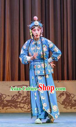 Traditional Chinese Peking Opera Xiao Dan Apparels Garment San Cha Kou Actress Young Lady Blue Dress Costumes and Headwear