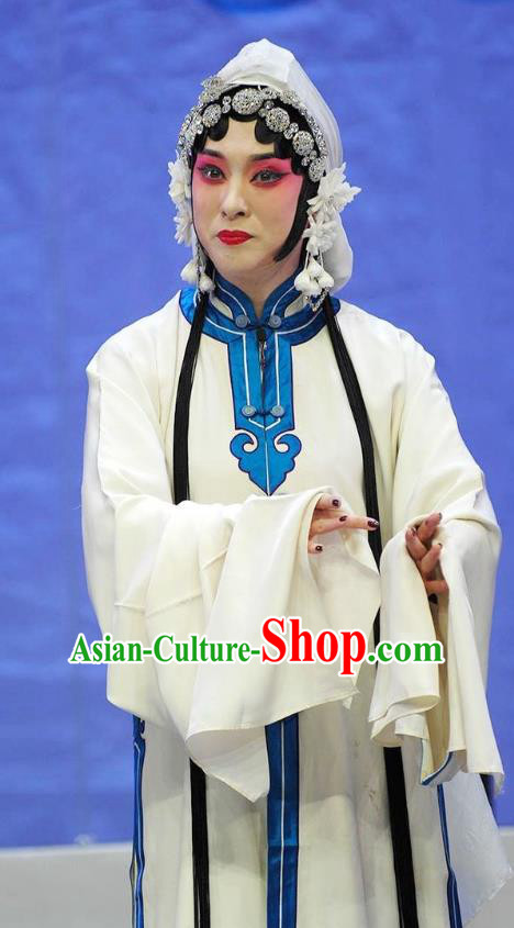 Traditional Chinese Peking Opera Dan Apparels Garment Wolong Tribute Actress Tsing Yi Distress Maiden Xiao Qiao White Dress Costumes and Headdress