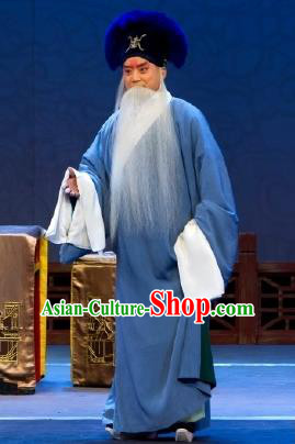 Chinese Peking Opera Old Scholar Apparels Costumes Four Scholars Lao Sheng Elderly Men Garment Blue Robe and Hat