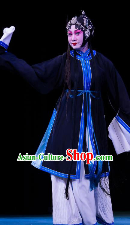 Traditional Chinese Peking Opera Distress Maiden Apparels Garment Four Scholars Actress Tsing Yi Navy Dress Costumes and Headwear