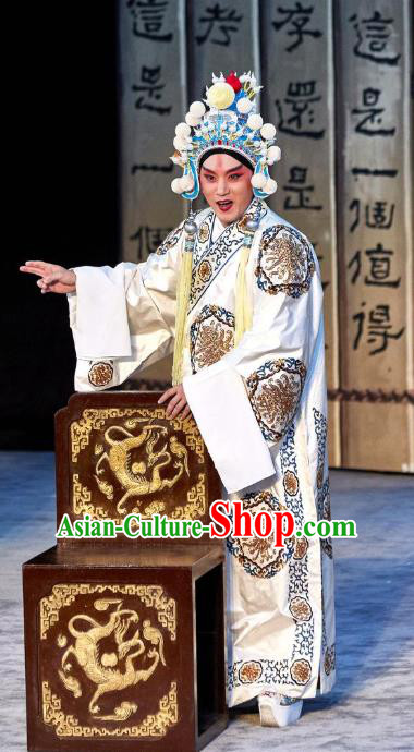 Chinese Peking Opera Young Men White Robe Costumes The Revenge of Prince Zi Dan Niche Garment Apparels and Hat