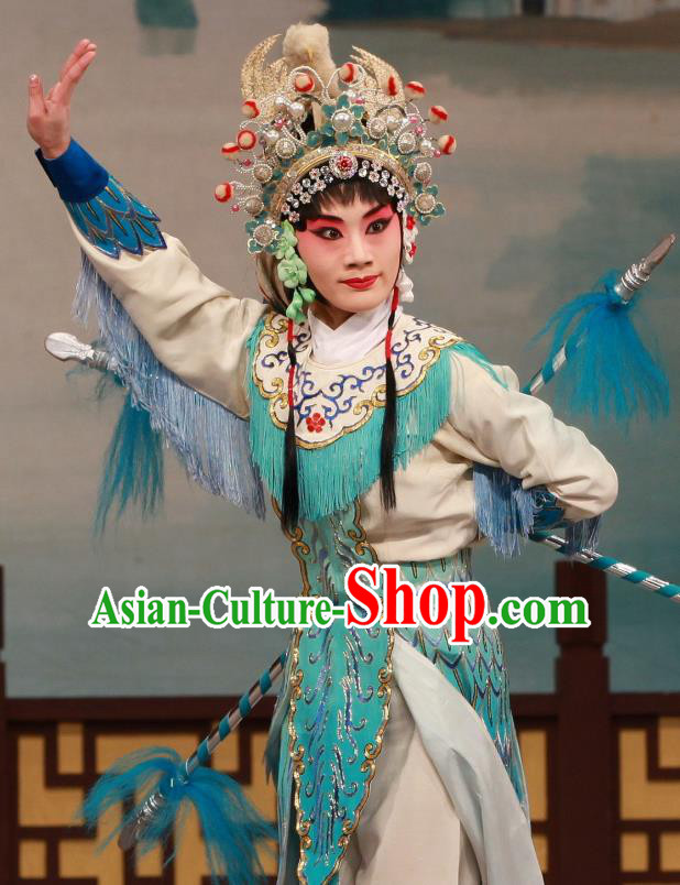 Traditional Chinese Peking Opera Wudan Apparels Garment The Fire Fenix Martial Female Green Dress Costumes and Headdress