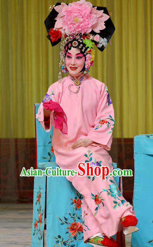 Traditional Chinese Peking Opera Imperial Consort Costumes Apparels Garment Zhu Lian Zhai Hua Tan Pink Dress and Headdress