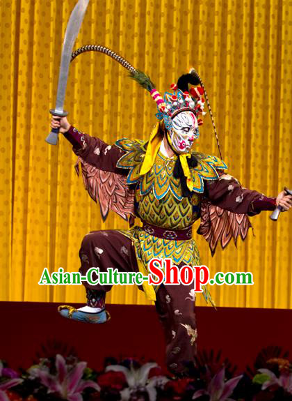 Chinese Peking Opera Monster Takefu Costumes The Fire Fenix Apparels Martial Male Actor Wu Sheng Purple Garment and Headwear