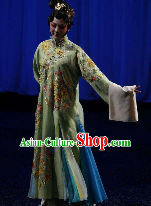 Chinese Kun Opera Hua Tan Apparels Costumes The Fragrant Companion Peking Opera Young Lady Garment Green Dress and Hair Accessories