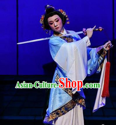 Chinese Beijing Opera Noble Female Blue Hanfu Dress Costumes Cao Cao And Yang Xiu Peking Opera Hua Tan Garment and Hair Accessories