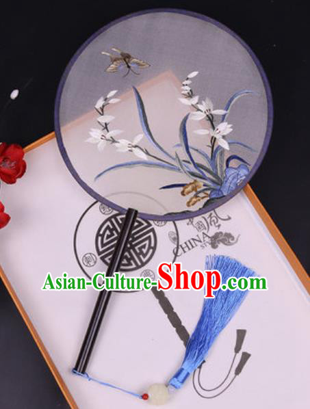 Chinese Traditional Embroidered Orchid Butterfly Palace Fans Handmade Classical Dance Ebony Round Fan for Women