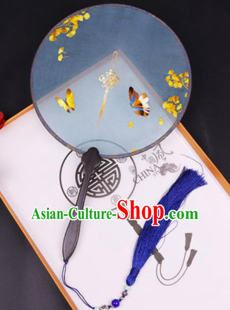 Chinese Traditional Embroidered Ginkgo Butterfly Palace Fans Handmade Classical Dance Ebony Round Fan for Women