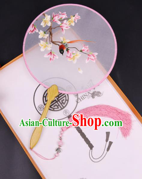 Chinese Traditional Embroidered Pink Mangnolia Palace Fans Handmade Classical Dance Ebony Round Fan for Women