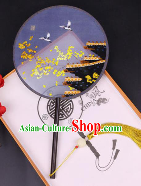 Chinese Traditional Embroidered Ginkgo Crane Palace Fans Handmade Classical Dance Ebony Round Fan for Women