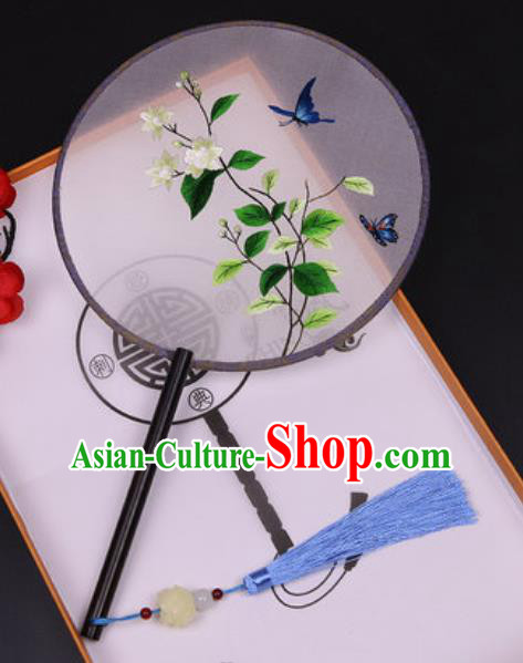 Chinese Traditional Embroidered Gardenia Palace Fans Handmade Classical Dance Ebony Round Fan for Women