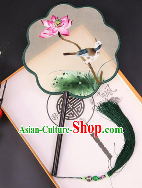 Chinese Traditional Embroidered Lotus Silk Fans Handmade Classical Dance Ebony Palace Fan for Women