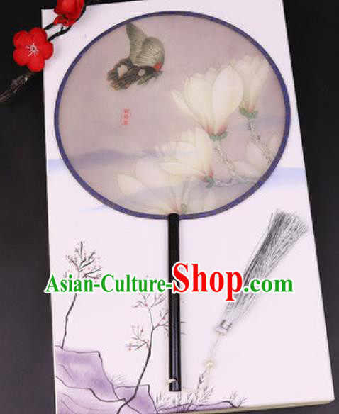 Chinese Traditional Printing Mangnolia Butterfly Round Fans Handmade Classical Dance Ebony Palace Fan for Women