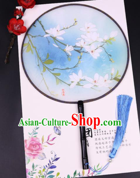 Chinese Traditional Printing Mangnolia Round Fans Handmade Classical Dance Ebony Palace Fan for Women