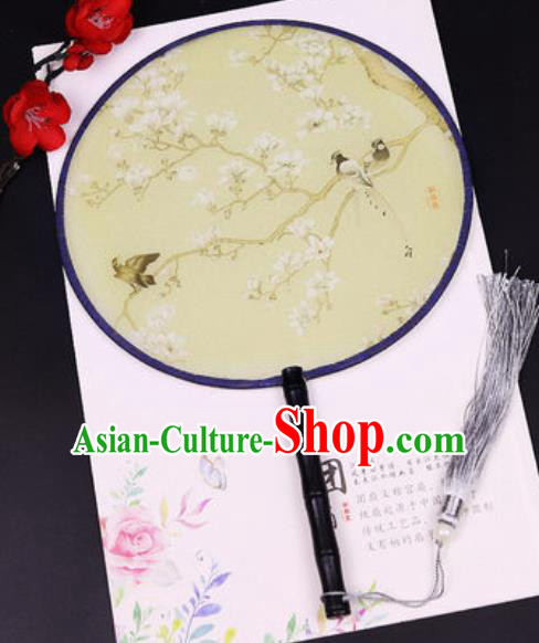 Chinese Traditional Printing White Mangnolia Round Fans Handmade Classical Dance Ebony Palace Fan for Women