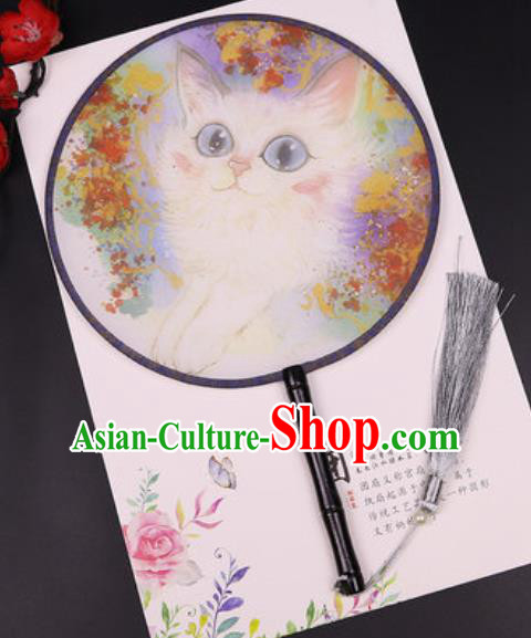 Chinese Traditional Printing Cat Round Fans Handmade Classical Dance Ebony Palace Fan for Women