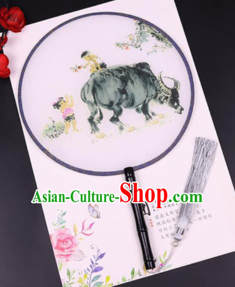 Chinese Traditional Printing Cattle Round Fans Handmade Classical Dance Ebony Palace Fan for Women