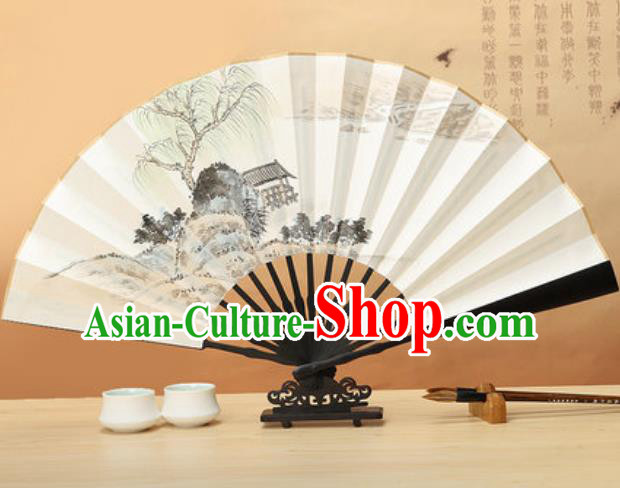 Chinese Traditional Ink Painting Willow Wenge Fans Handmade Accordion Classical Dance Paper Folding Fan