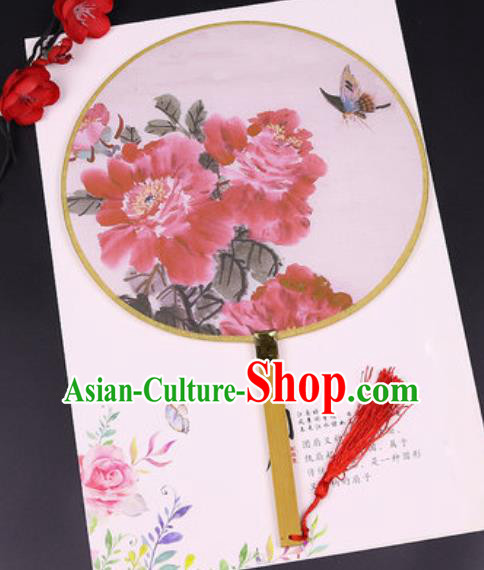 Chinese Traditional Printing Red Peony Butterfly Silk Fans Handmade Classical Dance Palace Fan for Women