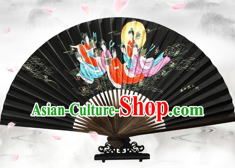 Chinese Traditional Painting Goddess Black Bamboo Fans Handmade Accordion Classical Dance Paper Fan Folding Fan
