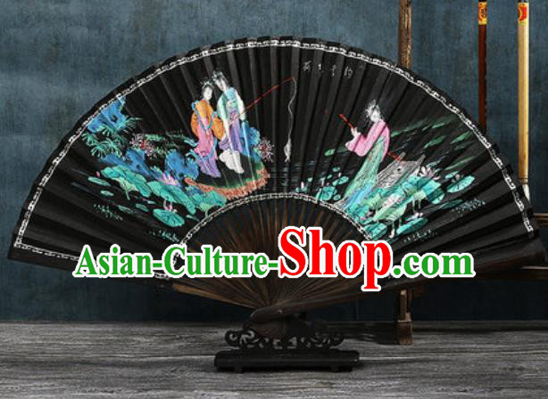 Chinese Traditional Painting Lotus Pond Black Bamboo Fans Handmade Accordion Classical Dance Paper Fan Folding Fan