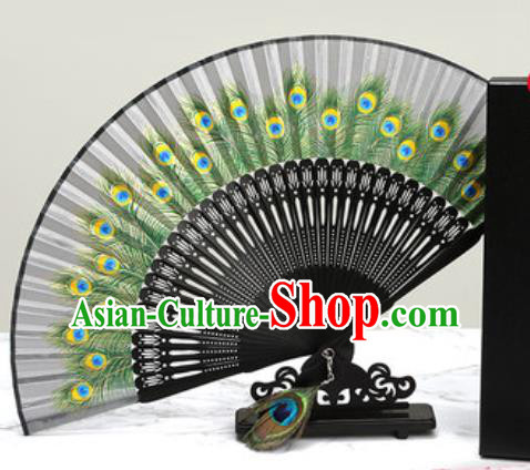 Chinese Traditional Printing Peacock Feather Grey Silk Fan Classical Dance Accordion Fans Folding Fan