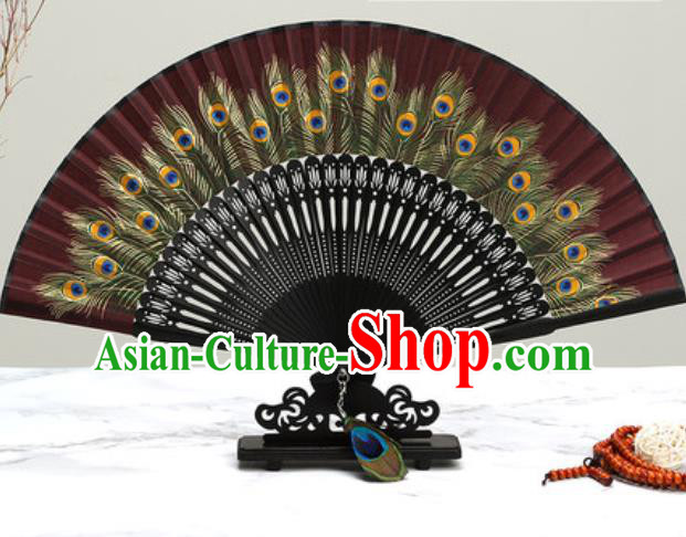 Chinese Traditional Printing Peacock Feather Dark Red Silk Fan Classical Dance Accordion Fans Folding Fan