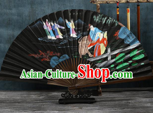 Chinese Traditional Painting Cowherd and Weaving Maid Black Bamboo Fans Handmade Accordion Classical Dance Paper Fan Folding Fan