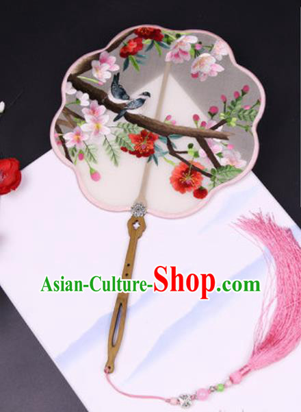 Handmade Chinese Embroidered Begonia Bird Silk Fans Traditional Classical Dance Palace Fan for Women