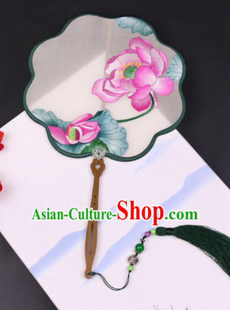 Handmade Chinese Embroidered Lotus Flower Silk Fans Traditional Classical Dance Palace Fan for Women