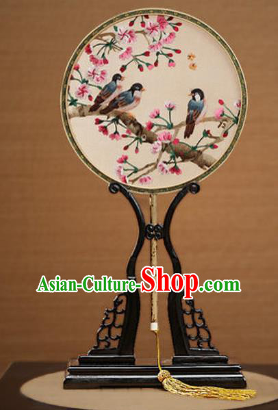 Handmade Chinese Embroidered Begonia Birds Silk Round Fans Traditional Classical Dance Palace Fan for Women