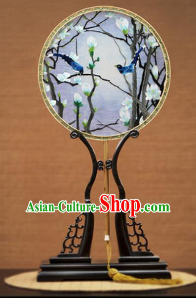 Handmade Chinese Embroidered Mangnolia Birds Silk Round Fans Traditional Classical Dance Palace Fan for Women
