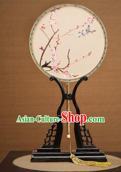 Handmade Chinese Embroidered Plum Butterfly Silk Round Fans Traditional Classical Dance Palace Fan for Women