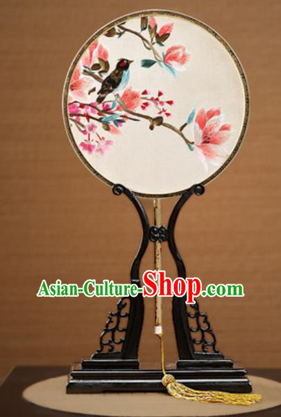 Handmade Chinese Embroidered Mangnolia Silk Round Fans Traditional Classical Dance Palace Fan for Women