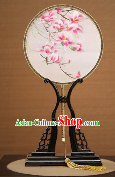 Handmade Chinese Embroidered Pink Mangnolia Silk Round Fans Traditional Classical Dance Palace Fan for Women