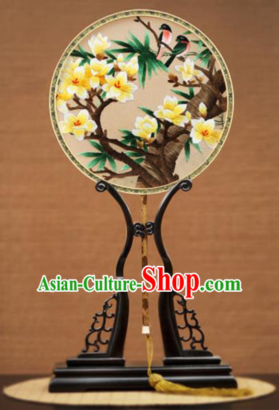 Handmade Chinese Embroidered Yellow Mangnolia Silk Round Fans Traditional Classical Dance Palace Fan for Women