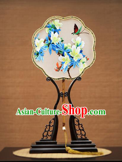 Handmade Chinese Embroidered Flowers Butterfly Silk Round Fans Traditional Classical Dance Palace Fan for Women