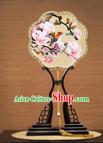 Handmade Chinese Embroidered Pink Mangnolia Silk Fans Traditional Classical Dance Palace Fan for Women