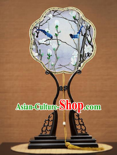 Handmade Chinese Embroidered Mangnolia Blue Silk Fans Traditional Classical Dance Palace Fan for Women