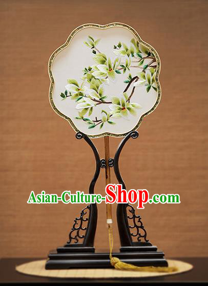 Handmade Chinese Embroidered Green Mangnolia Silk Fans Traditional Classical Dance Palace Fan for Women