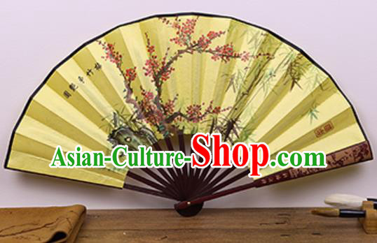 Handmade Chinese Painting Plum Bamboo Yellow Fan Traditional Classical Dance Accordion Fans Folding Fan